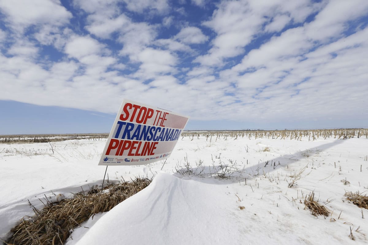 A sign reading &quot;Stop the Transcanada Pipeline&quot; stands in a field near Bradshaw, Neb., in March.