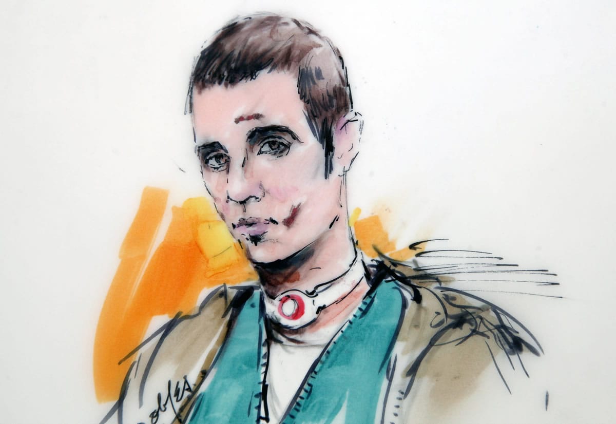 This courtroom drawing shows Paul Ciancia during an appearance at the West Valley Detention Center with a bandage on his neck and bruises on his face Wednesday in Rancho Cucamonga, Calif.