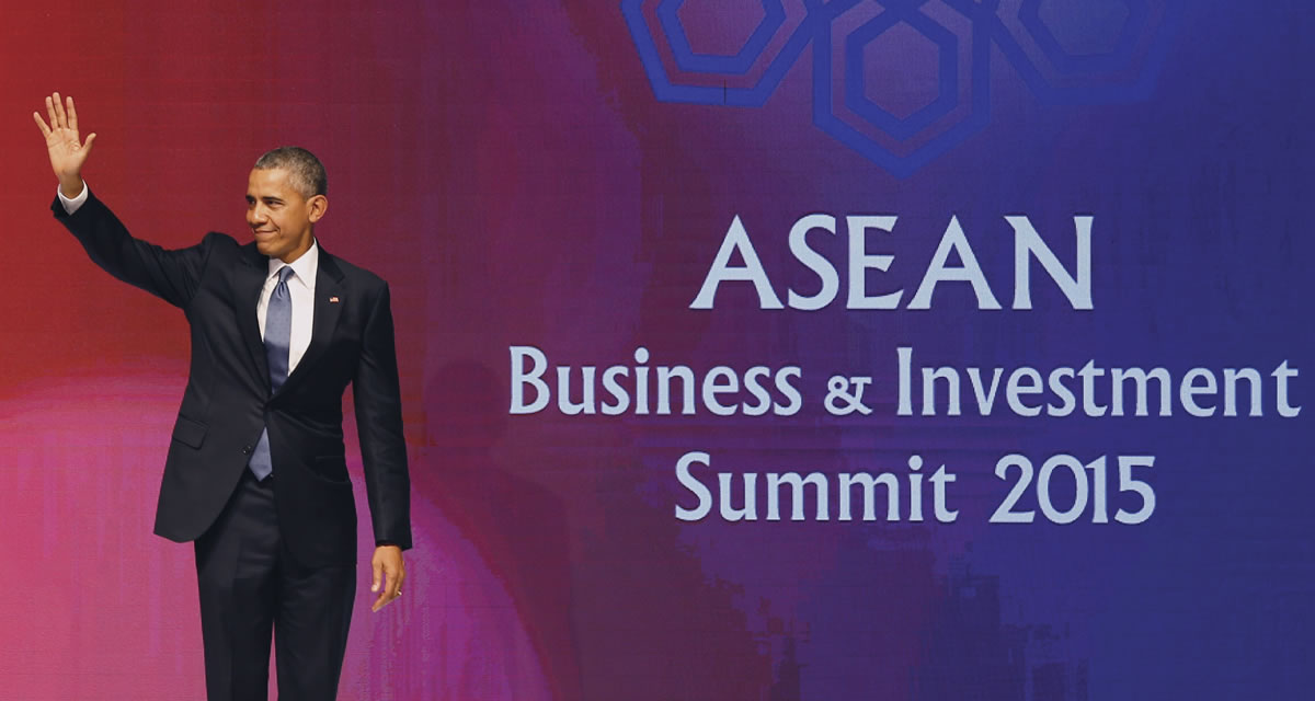 U.S. President Barack Obama waves after giving a speech at the Association of Southeast Asian Nations (ASEAN) Business and Investment Summit in Kuala Lumpur, Malaysia, Saturday, Nov. 21, 2015. Ten Southeast Asian heads of state and nine world leaders, including President Obama, are in Malaysia to discuss trade and economic issues. Terrorism and disputes over the South China Sea are also on the agenda.
