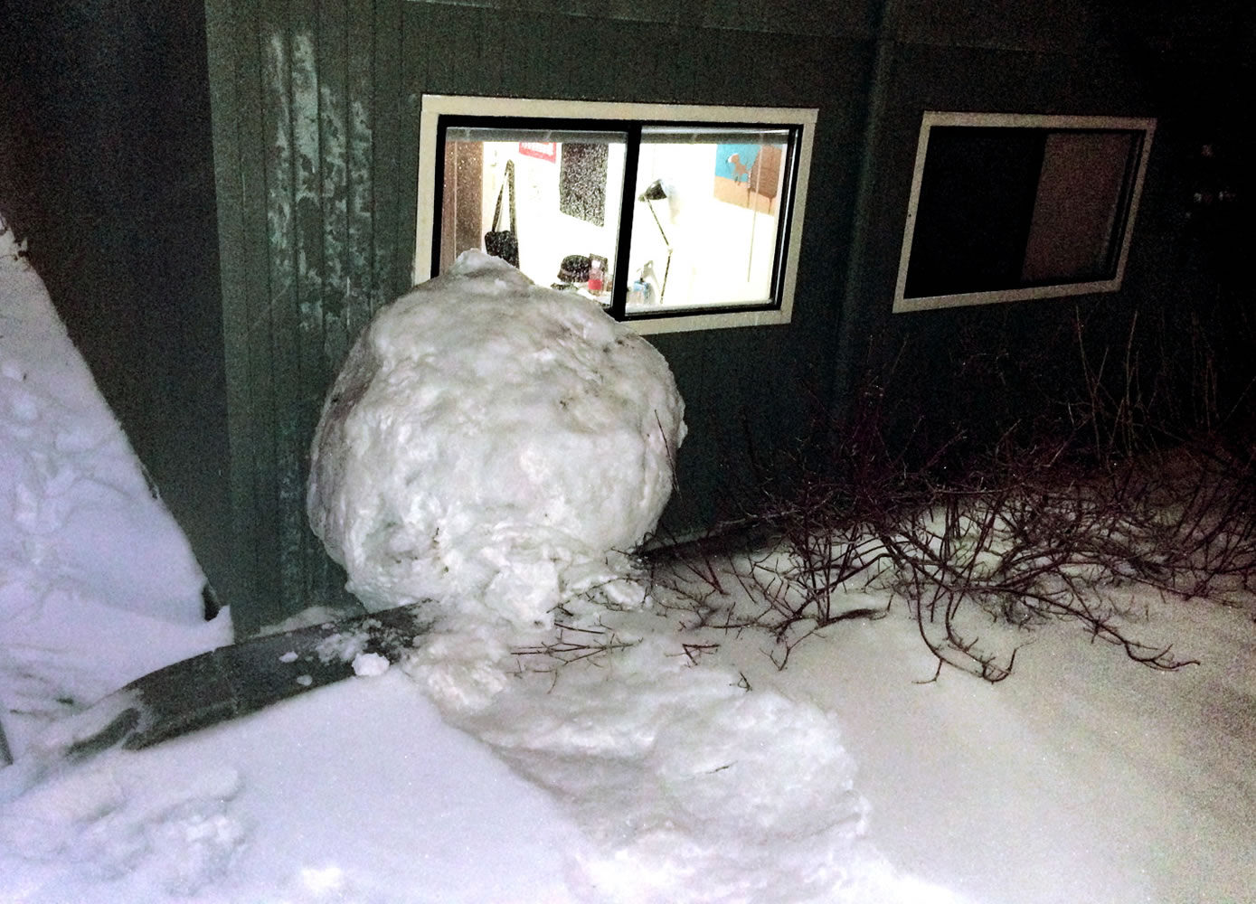 A large snowball that crashed into a Grove Quad dormitory Saturday at Reed College in Portland. The crash ripped a wall off its studs and narrowly missed a window. No one was injured in the collision.