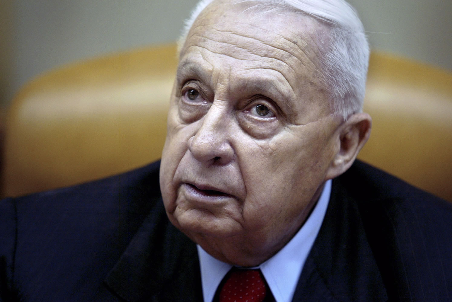 Israeli Prime Minister Ariel Sharon pauses during the weekly cabinet meeting in January 2005 in his Jerusalem office.