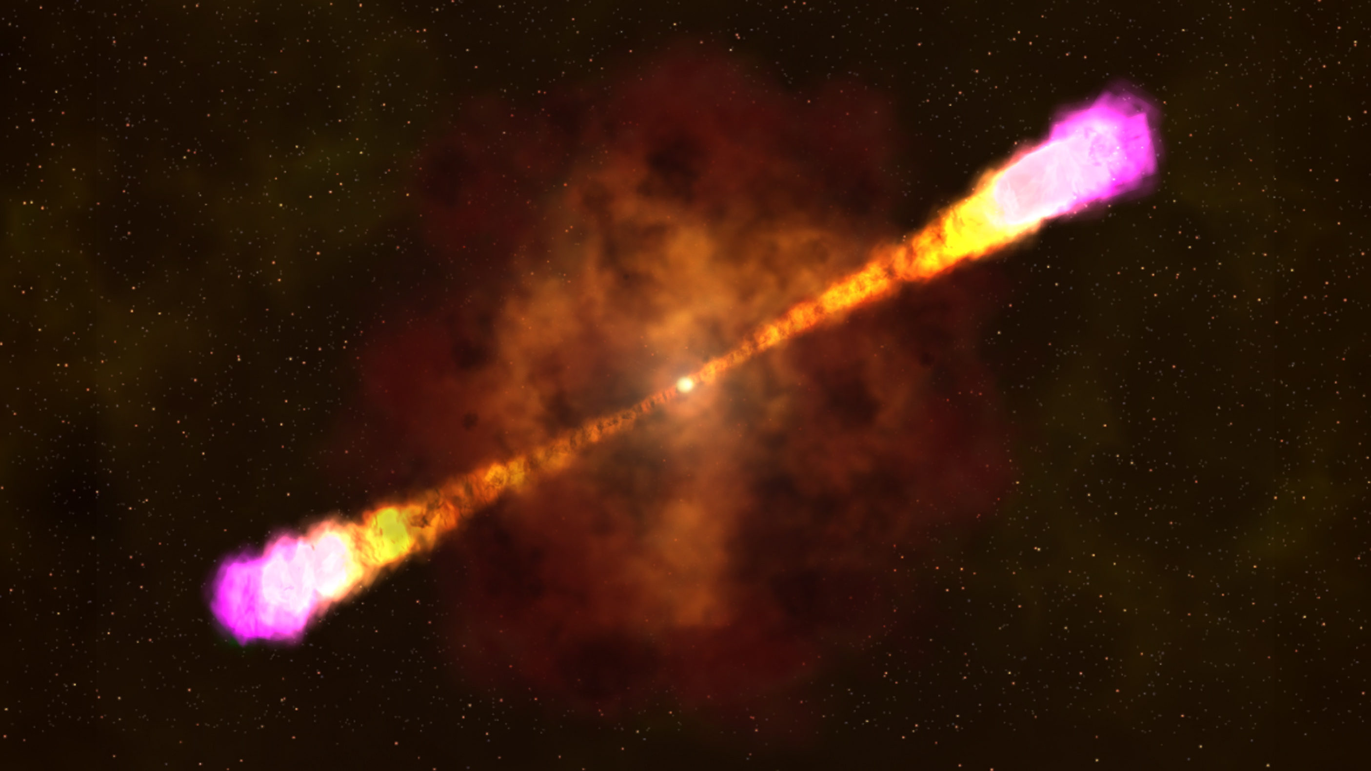 NASA
This artist's rendering shows how a gamma ray burst occurs, with a massive star collapsing and creating a black hole, and beaming out focused and deadly light and radiation bursts.