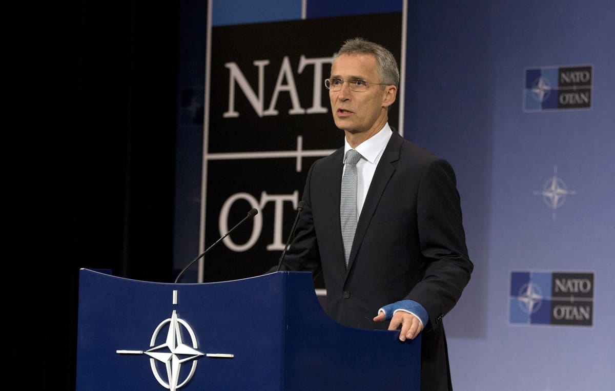 NATO Secretary General Jens Stoltenberg addresses a media conference at NATO headquarters in Brussels on Monday. Stoltenberg met with Turkish Prime Minister Ahmet Davutoglu on Monday to discuss the issue of a Russian warplane downed by a Turkish fighter jet at the border with Syria.