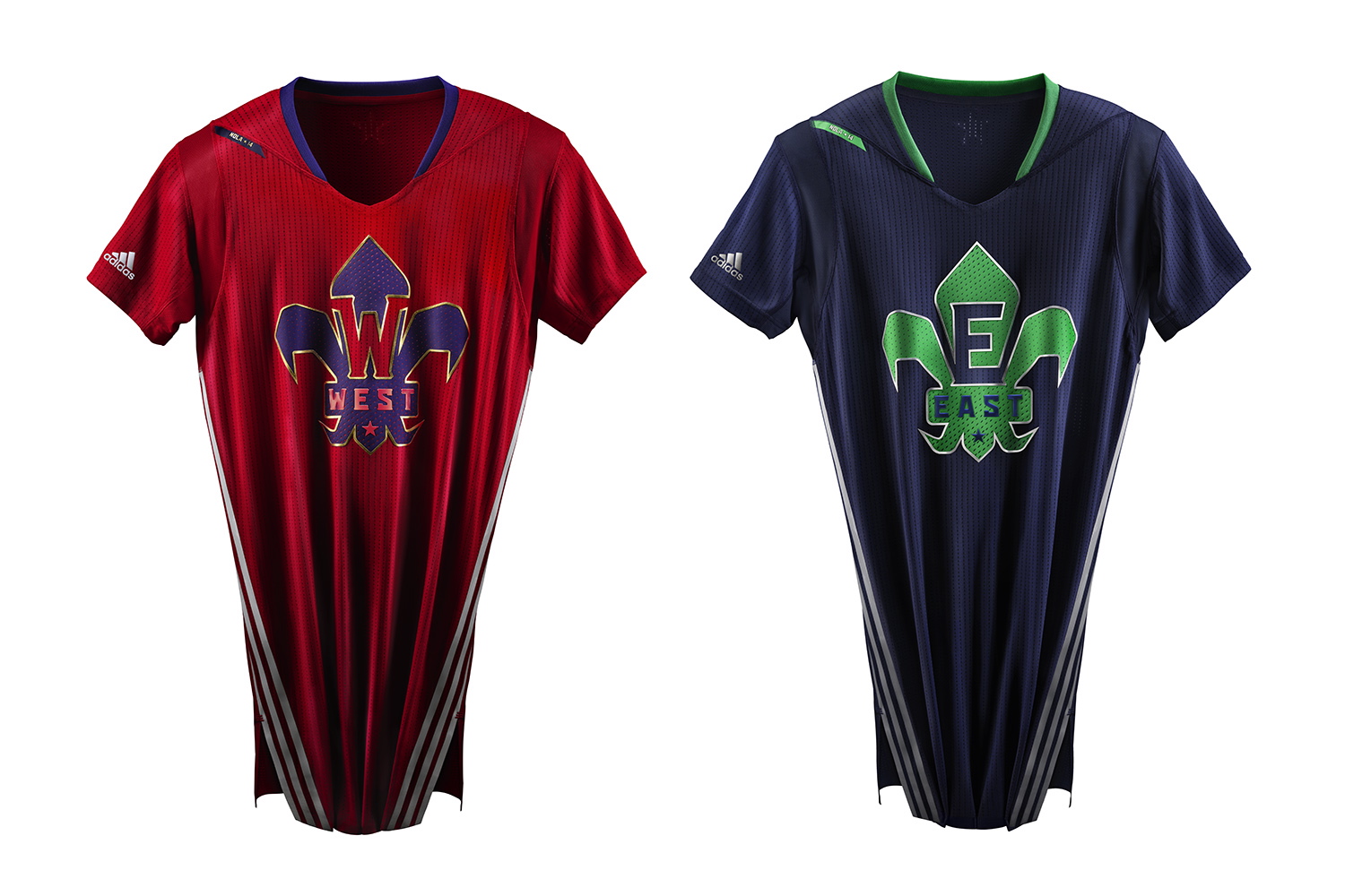The West, left, and East team jerseys to be worn in the 2014 NBA All Star basketball game. The 63rd NBA All-Star Game is scheduled for Feb. 16, in New Orleans.