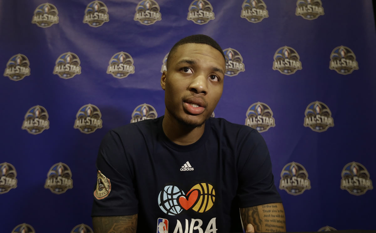 Portland Trail Blazers  player Damian Lillard  speaks during the NBA All Star basketball news conference, Friday, Feb. 14, 2014, in New Orleans. The 63rd annual NBA All Star game will be played Sunday in New Orleans.