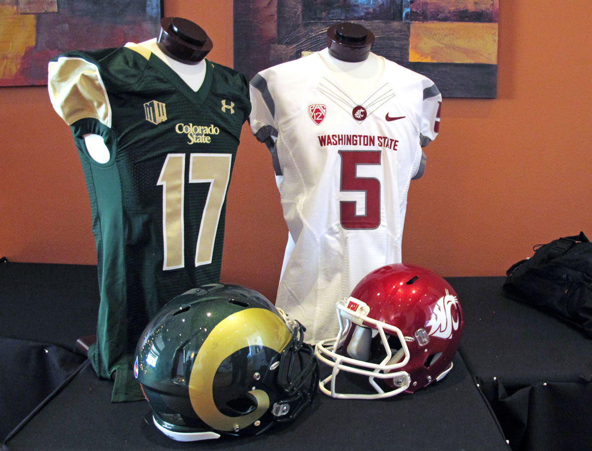 The jerseys of Colorado State (7-6) and Washington State (6-6) are shown at a press conference announcing the New Mexico Bowl in Albuquerque on Wednesday.