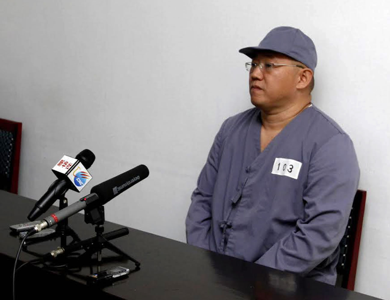 American missionary Kenneth Bae speaks to reporters at Pyongyang Friendship Hospital in Pyongyang on Monday. Bae, 45, who has been jailed in North Korea for more than a year, appealed for the U.S.