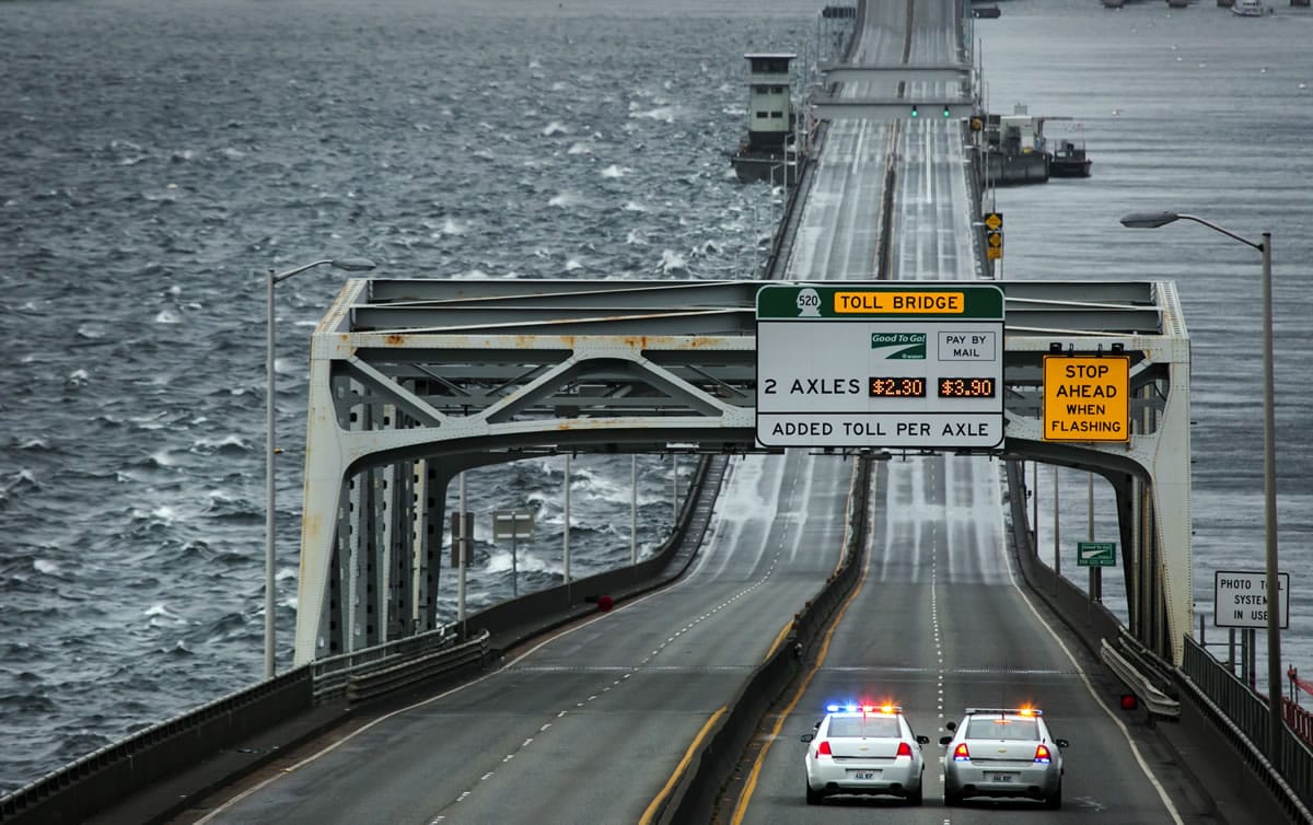 This photo shows Highway 520 Bridge being slowly reopened to traffic in both directions after temporarily being closed due to high winds on Saturday in Seattle.