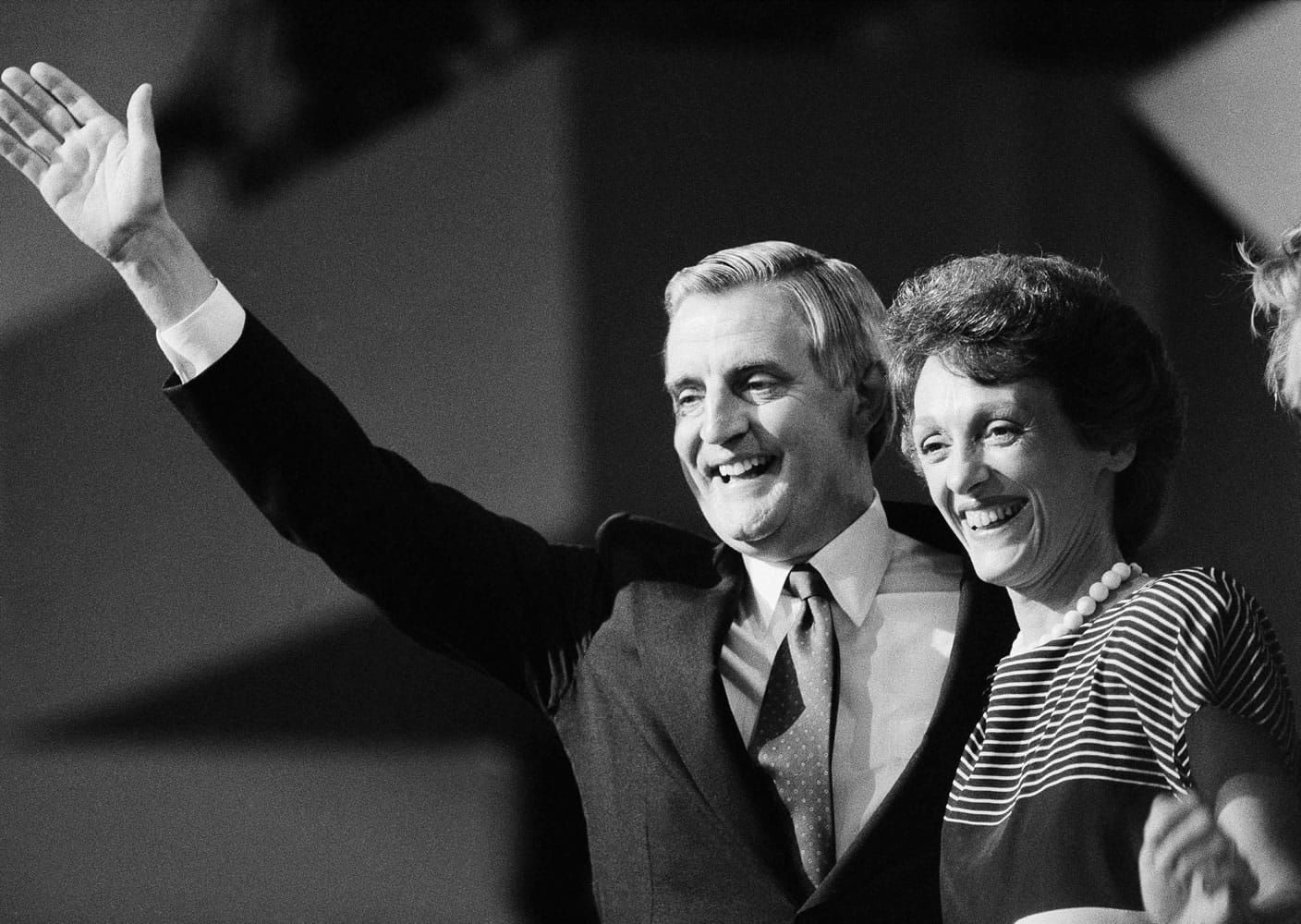 Then Democratic presidential nominee Walter Mondale and his wife, Joan, smile broadly as they thank the delegates from the podium following Mondale's nomination in San Francisco on July 19, 1984. Joan Mondale, who burnished a reputation as &quot;Joan of Art&quot; for her passionate advocacy for the arts while her husband was vice president and a U.S. ambassador, died Monday.