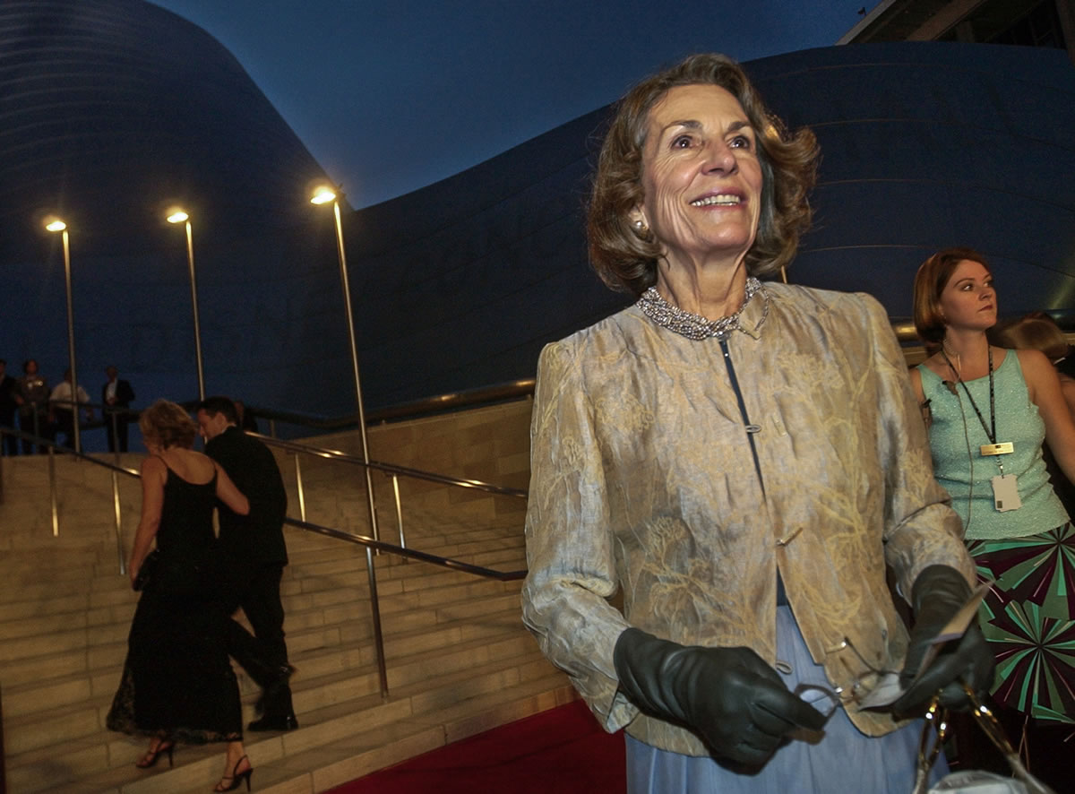 Diane Disney Miller poses Oct. 23, 2003 as she arrives for a grand opening concert gala at the new Walt Disney Concert Hall in Los Angeles. Disney Miller, the daughter of Walt Disney and one of his inspirations for building the Disneyland theme park, has died at her home in Napa, Calif.