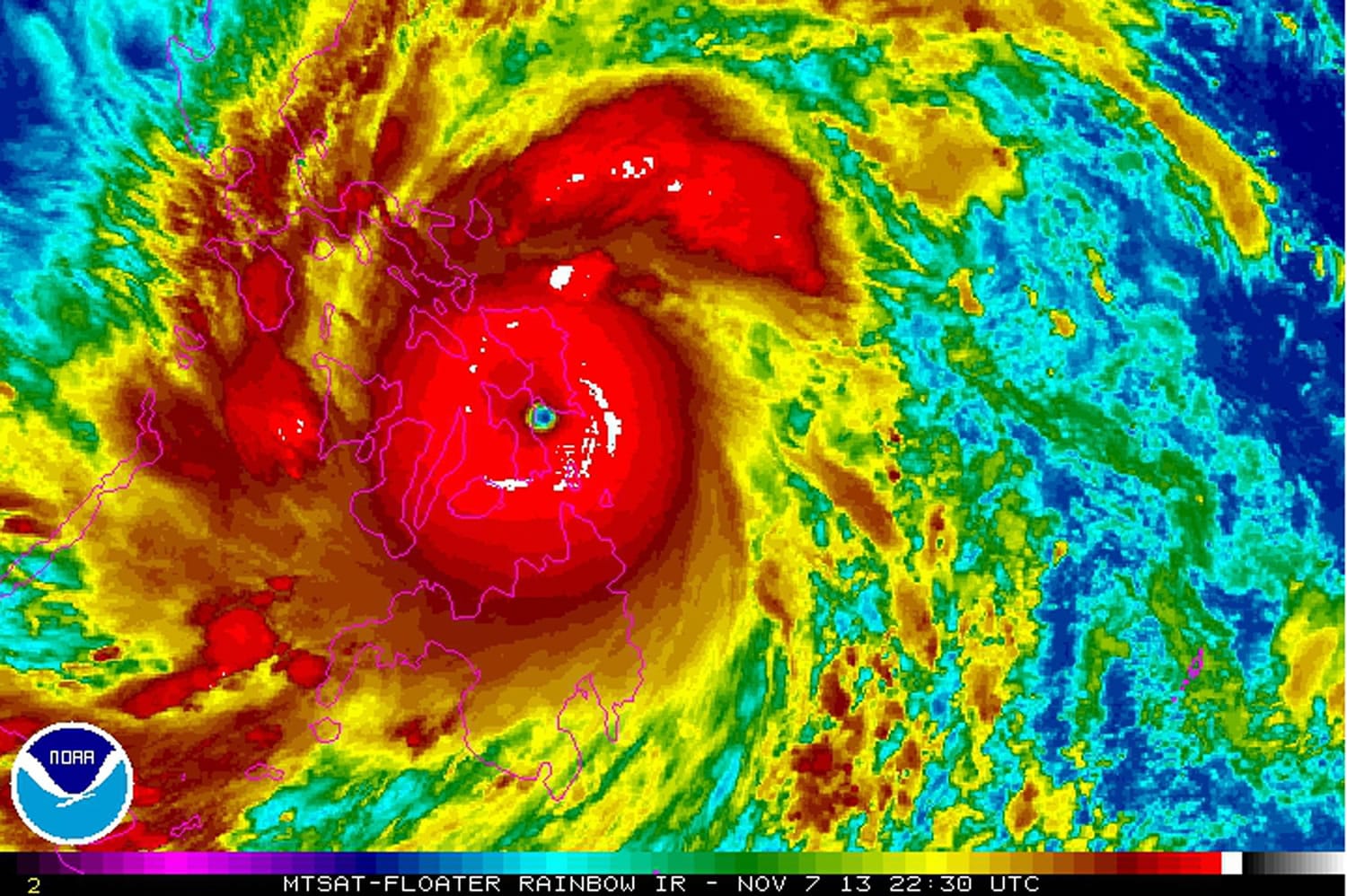 A satellite image provided by the National Oceanic and Atmospheric Administration shows Typhoon Haiyan over the Philippines, at 22:30 UTC (5:30 p.m. EST). Haiyan, the world's strongest typhoon of the year, slammed into the Philippines early Friday.