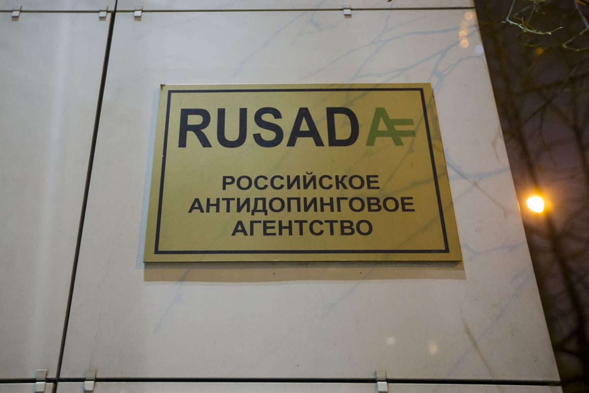 A sign reads: &quot;Russian National Anti-doping Agency RUSADA&quot; on a building in Moscow, Russia, on Monday.