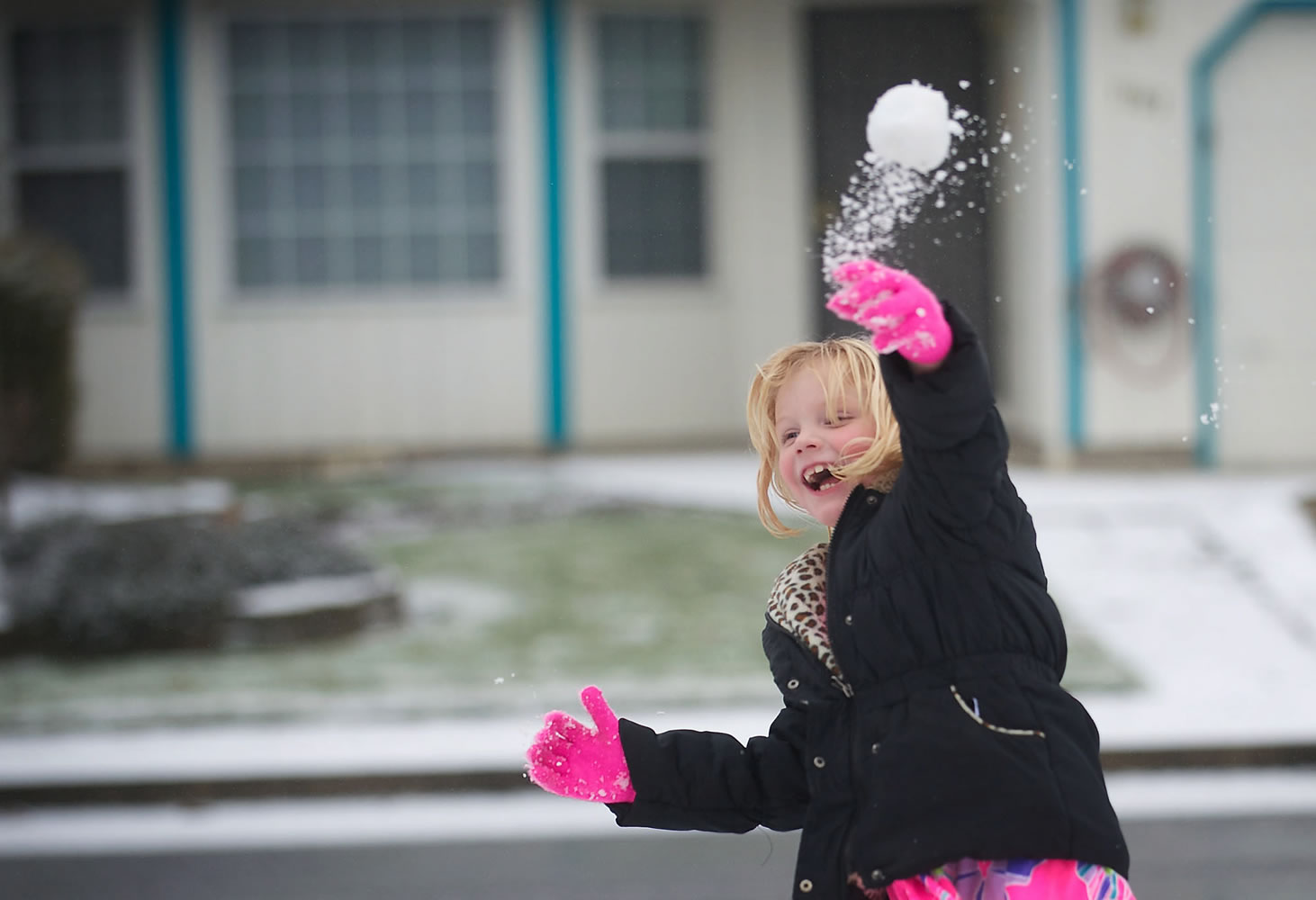 Hunter Schwabe, 6, of Battle Ground and first grader at Firm Foundation Christian School, throws a snowball at her dad, Ron Schwabe on Tuesday.