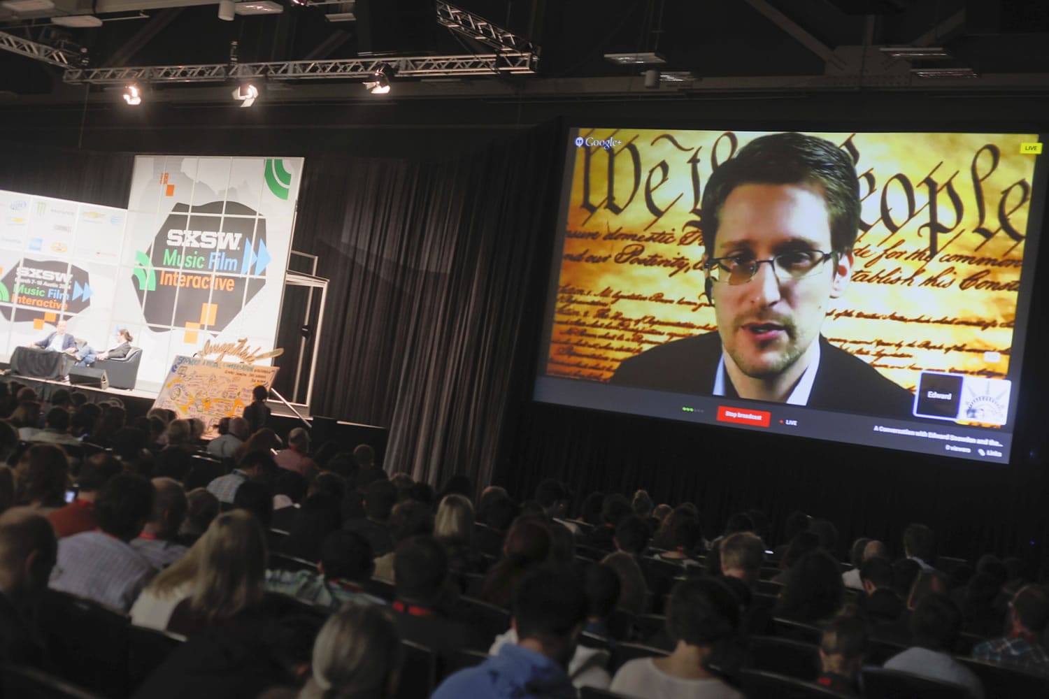 Edward Snowden talks Monday during a simulcast conversation during the SXSW Interactive Festival in Austin, Texas.