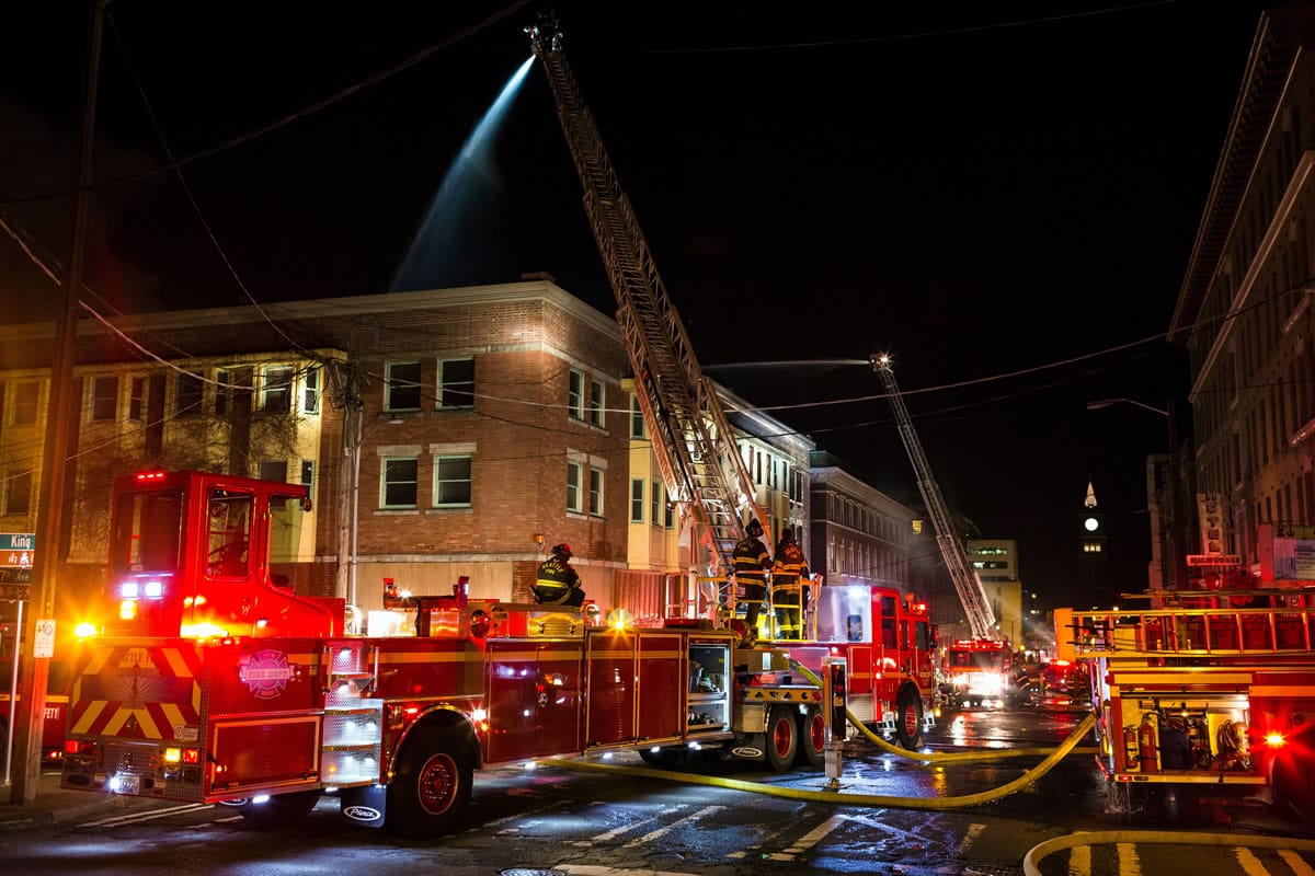 An estimated 90 firefighters battled a blaze that began around 4 p.m. Tuesday in Seattle.