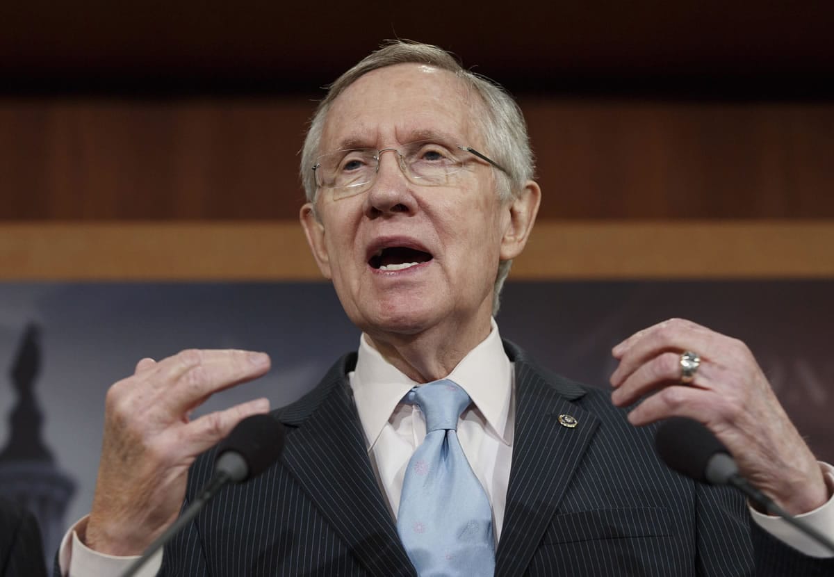 Senate Majority Leader Harry Reid of Nev., tells reporters, Feb. 6, during a news conference on Capitol Hill in Washington.