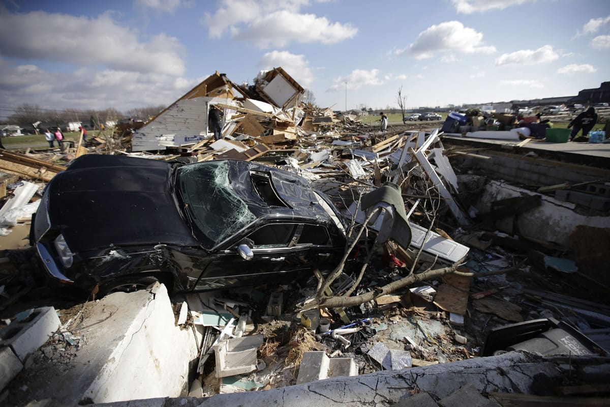 The home of Phyllis Rawlins is destroyed home in Kokomo, Ind., on Monday.