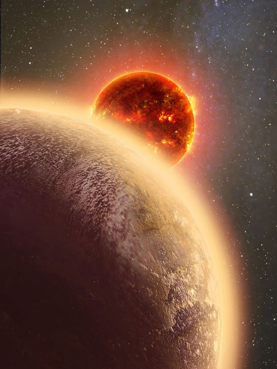 GJ 1132b, foreground, a rocky planet similar in size to Earth and mass, orbits a red dwarf star.