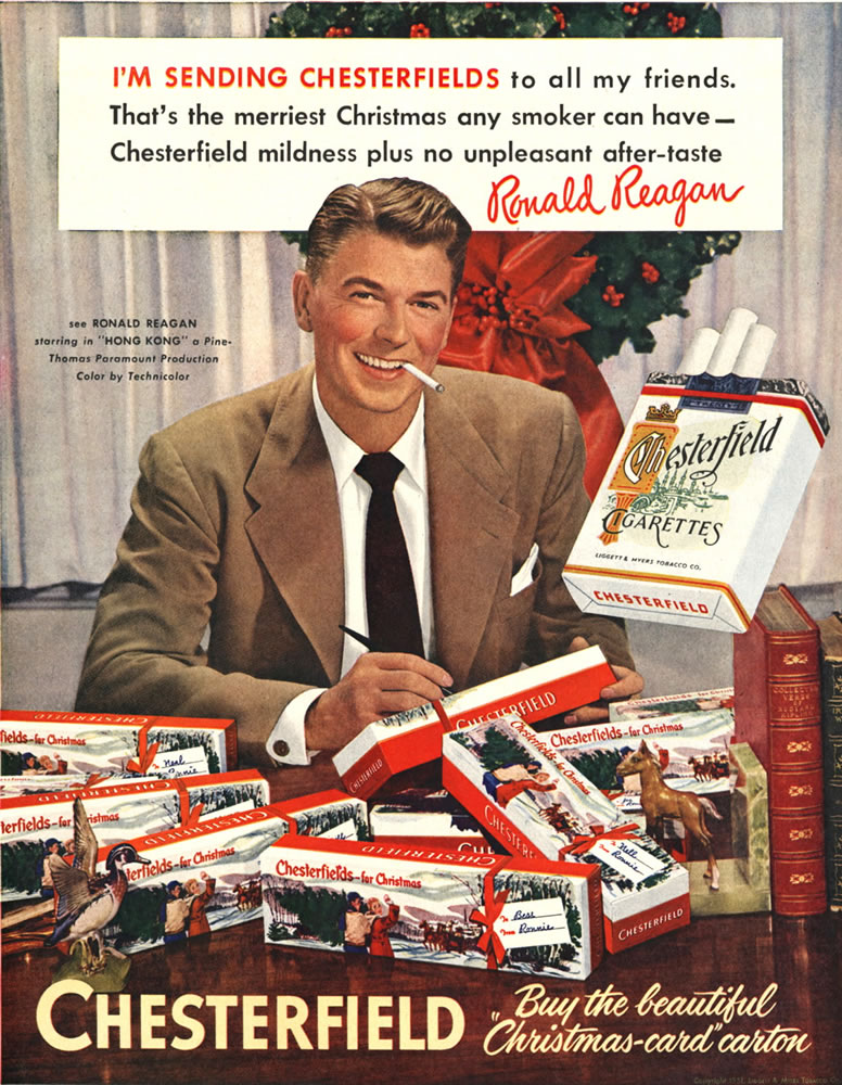 Stanford Research into the Impact of Tobacco Advertising
A 1949 Chesterfield cigarette ad featuring actor and future President Ronald Reagan.