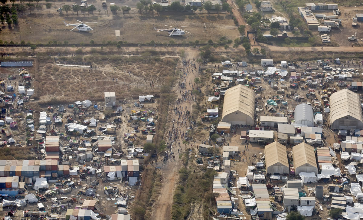 A United Nations camp that has become home to the displaced living in makeshift tents is seen from an airplane over Malakal, South Sudan, on Monday.