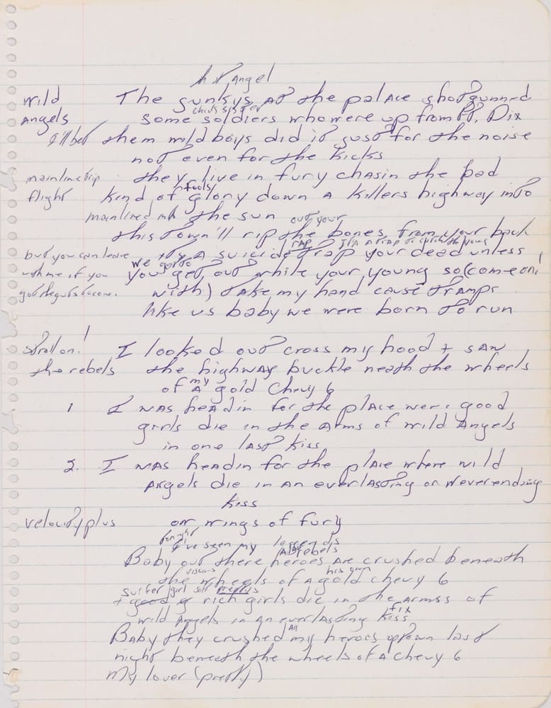 A page from a handwritten manuscript of Bruce Springsteen's 1975 hit &quot;Born to Run.&quot;