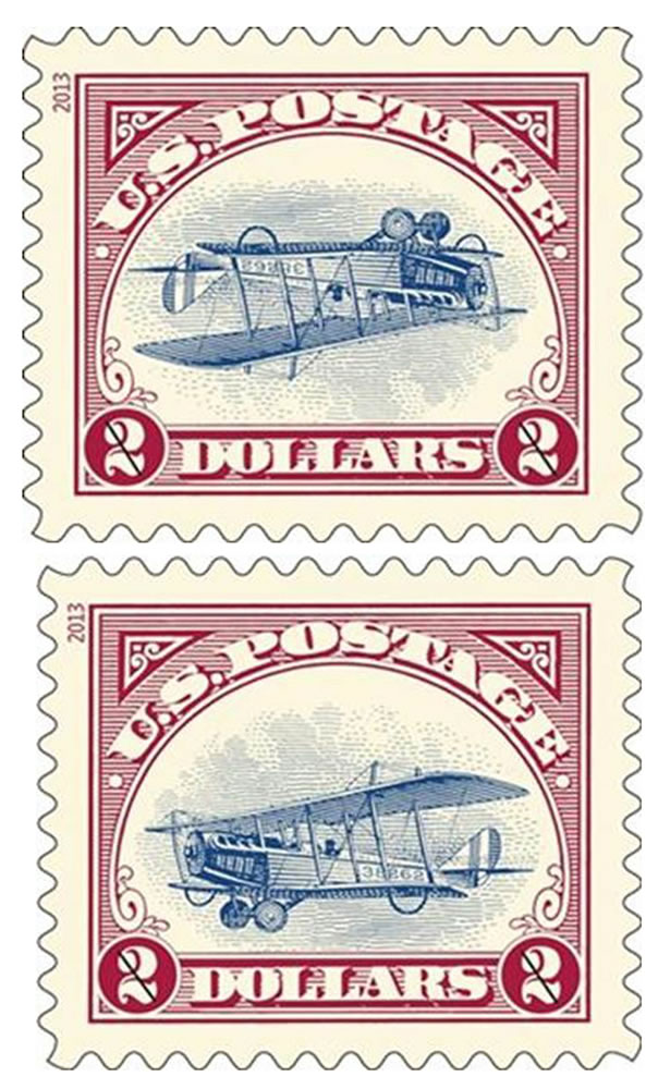 In this combination of two 2013 photos released by the United States Postal Service, a reissue of two versions of the famous &quot;Inverted Jenny&quot; postage stamp is shown.