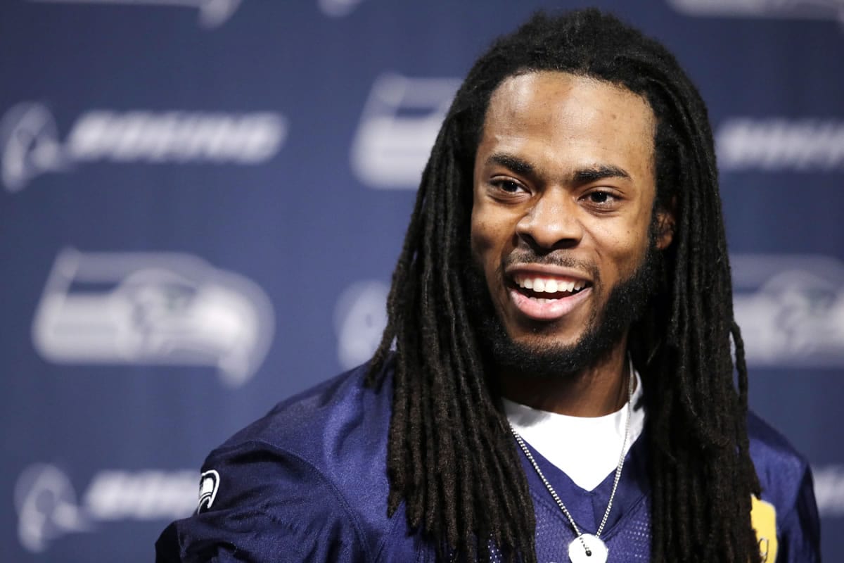 Seattle Seahawks' Richard Sherman speaks at an NFL football news conference Wednesday, Jan. 22, 2014, in Renton, Wash. The Seahawks play the Denver Broncos in the Super Bowl on Feb. 2.