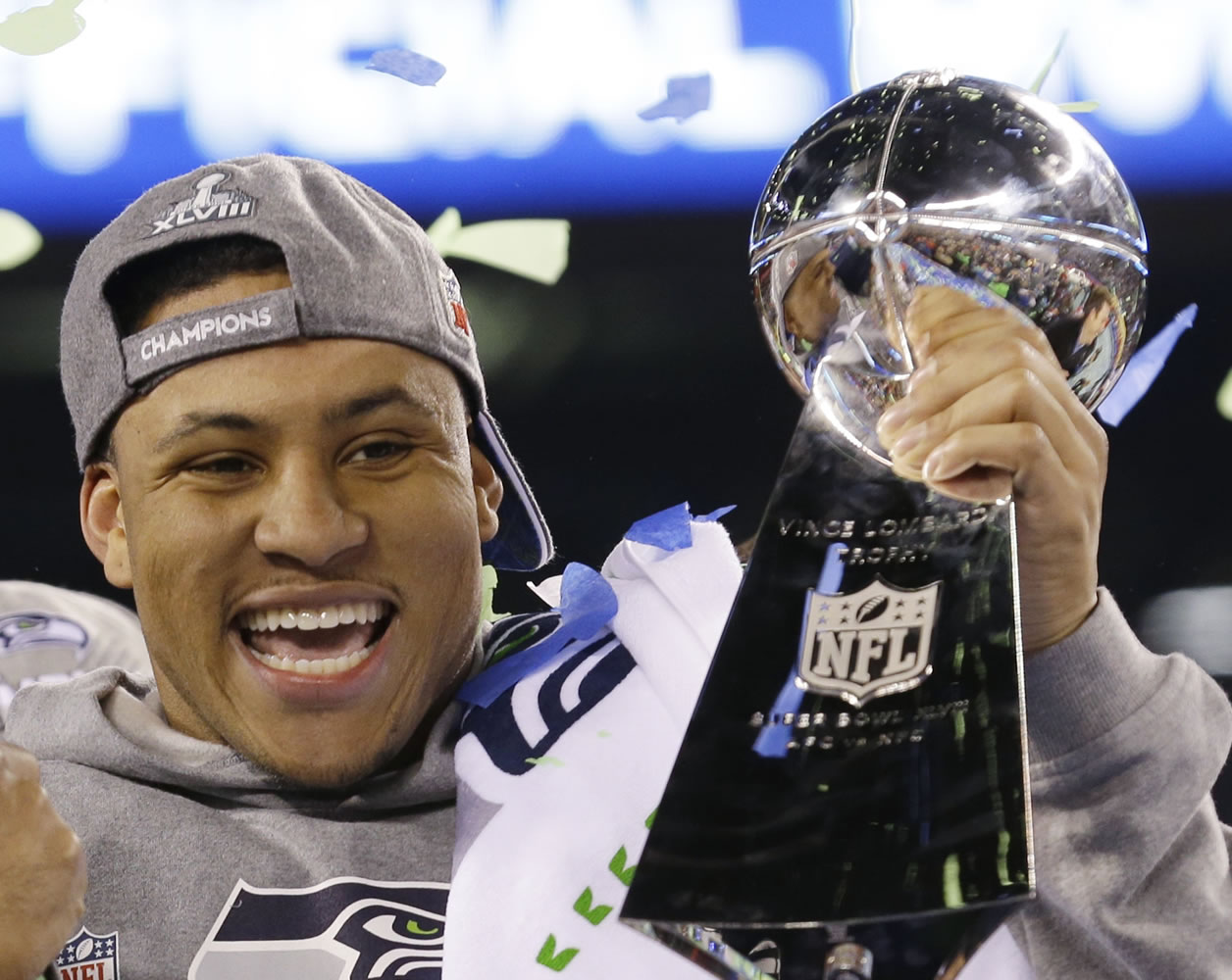 Seattle Seahawks' Malcolm Smith with the Vince Lombardi Trophy. (AP Photo/Ted S.