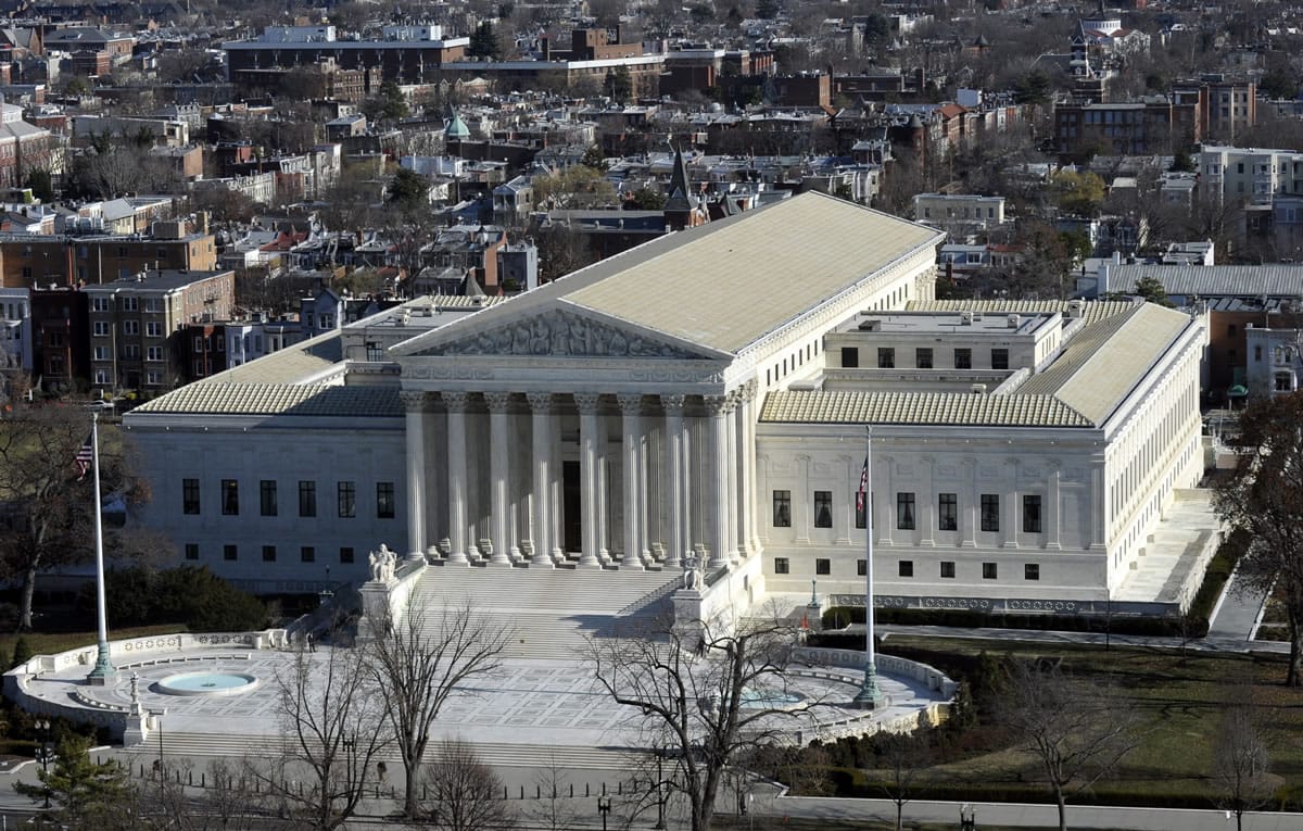 A view of the Supreme Court from near the top of the Capitol Dome on Capitol Hill in Washington.