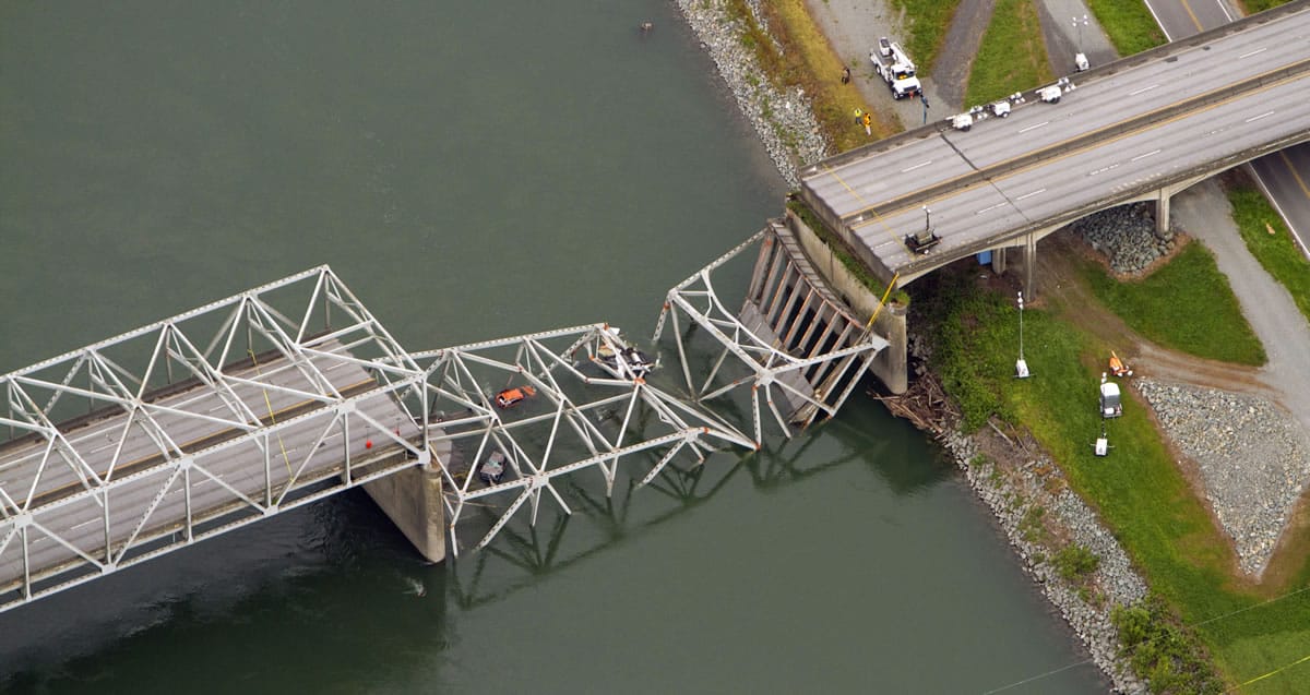 Seattle Times files
A section of the Interstate 5 bridge over the Skagit River in Mount Vernon collapsed, sending cars and people into the water, when an oversized truck hit the span.