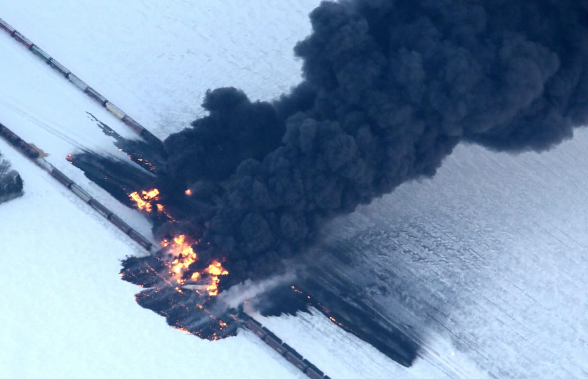 A fire from a train derailment burns uncontrollably as seen in this aerial photograph Monday west of Casselton, N.D. No one has been reported hurt in the derailment or fire.