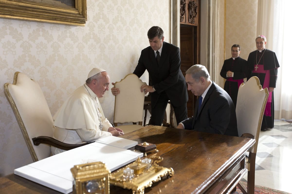 Pope Francis meets Israeli Prime Minister Benjamin Netanyahu at the Vatican on Monday.