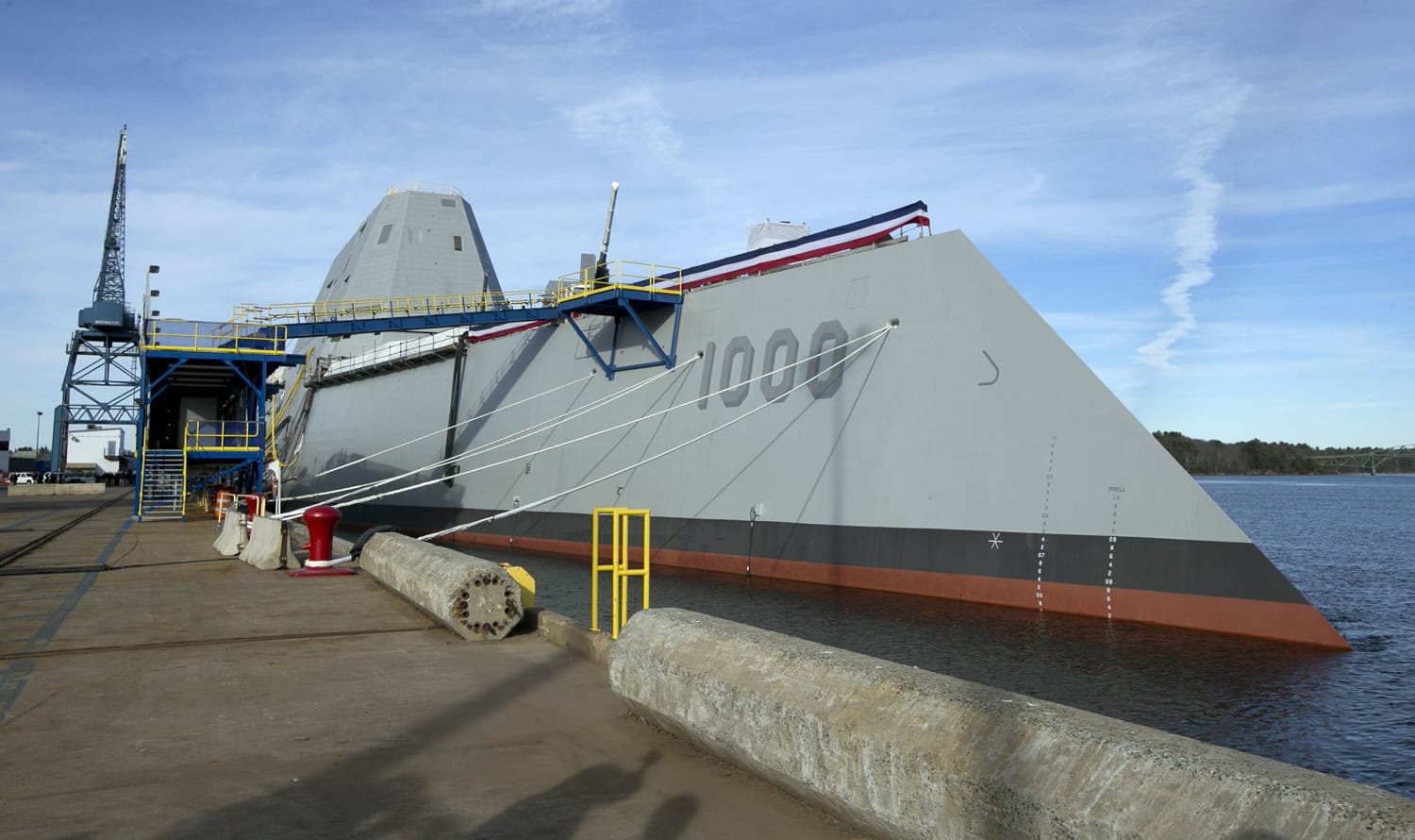 The Navy's stealthy Zumwalt destroyer is moored in Bath, Maine. The technology-laden Zumwalt taking shape at Bath Iron Works is unlike any other U.S.