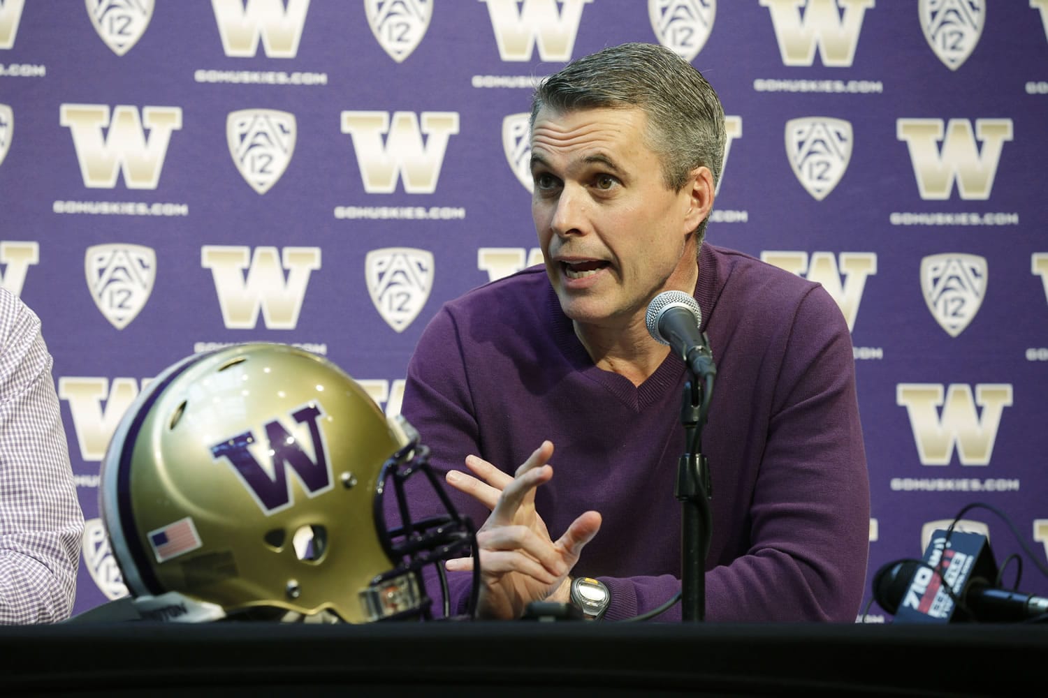 Washington head football coach Chris Petersen talks to reporters Monday, March 3, 2014, in Seattle. Washington begins spring NCAA college football practice on Tuesday, March 4, 2014. (AP Photo/Ted S.