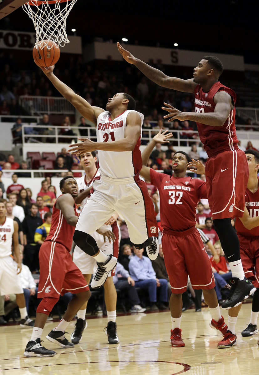 Stanford 's Anthony Brown (21) scores against Washington State during the second half Wednesday at Stanford, Calif. The Cardinal won 80-48.