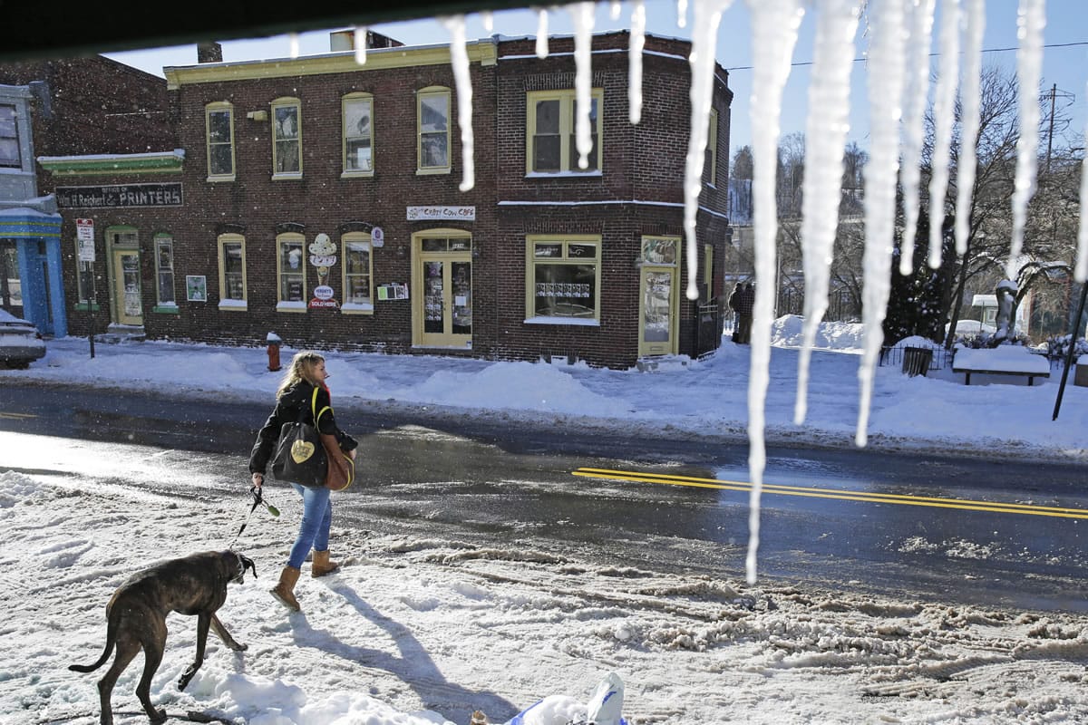 A woman walks with her dog past icicles hanging from a store awning Wednesday in Philadelphia.