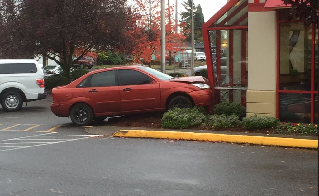 A car crashed into the Arby's restaurant off Mill Plain in East Vancouver on Thursday afternoon.
