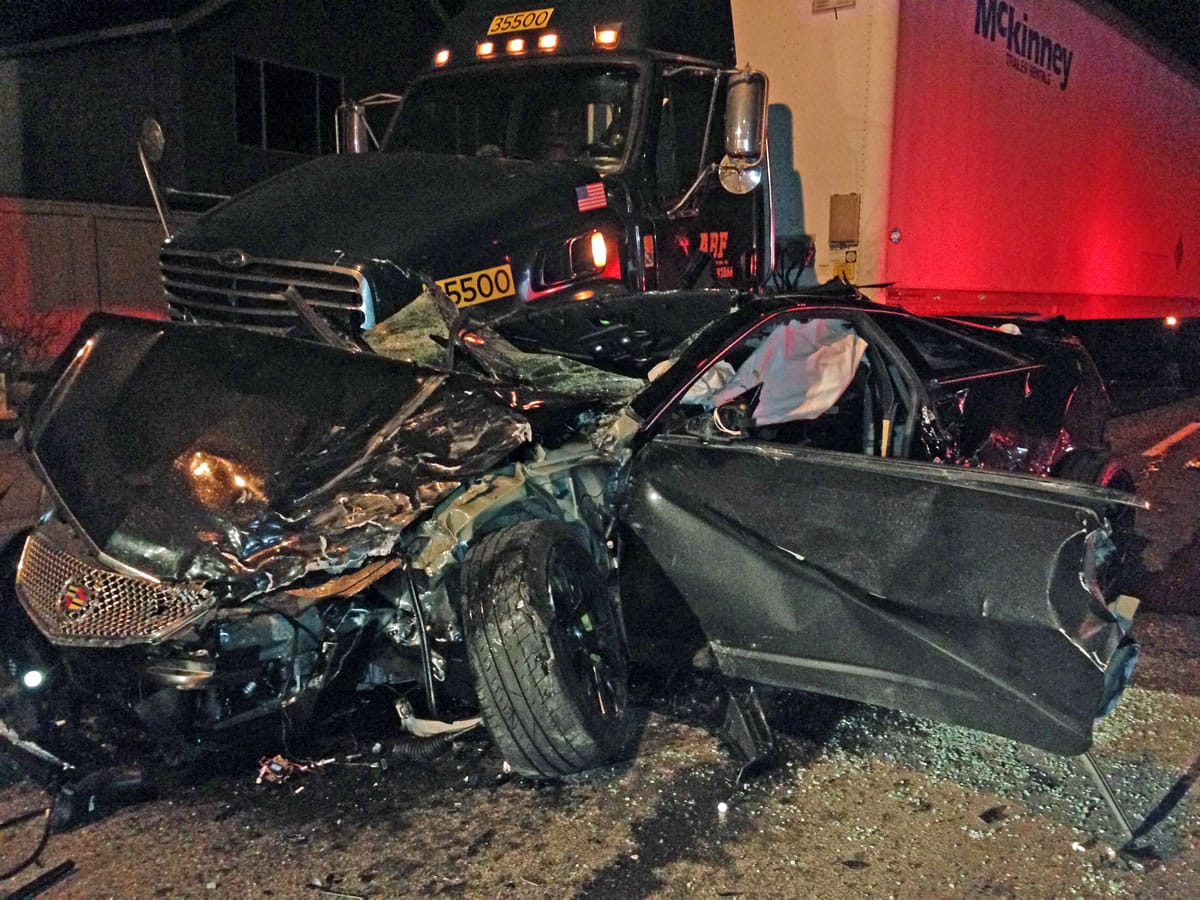 Two people were seriously injured Thursday when their car crashed into an oncoming tractor-trailer in a multi-vehicle crash on Northwest Pacific Rim Boulevard in Camas.