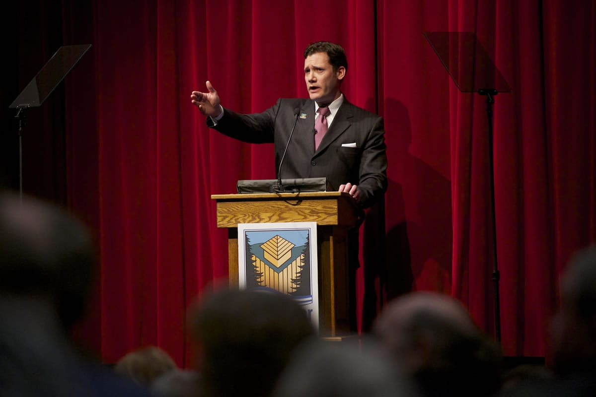 Vancouver Mayor Tim Leavitt gives the State of the City address at Fort Vancouver High School earlier this month.