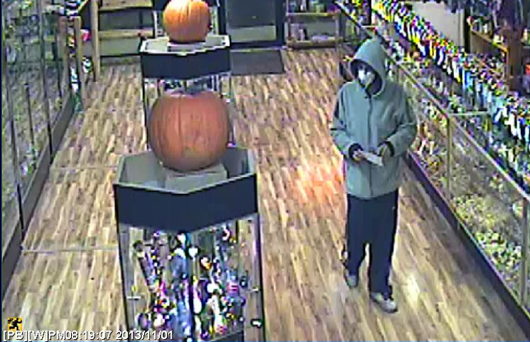 A camera captured this image of the suspect in a Nov. 1 robbery at Mary Jane's House of Glass on Northeast 164th Avenue.