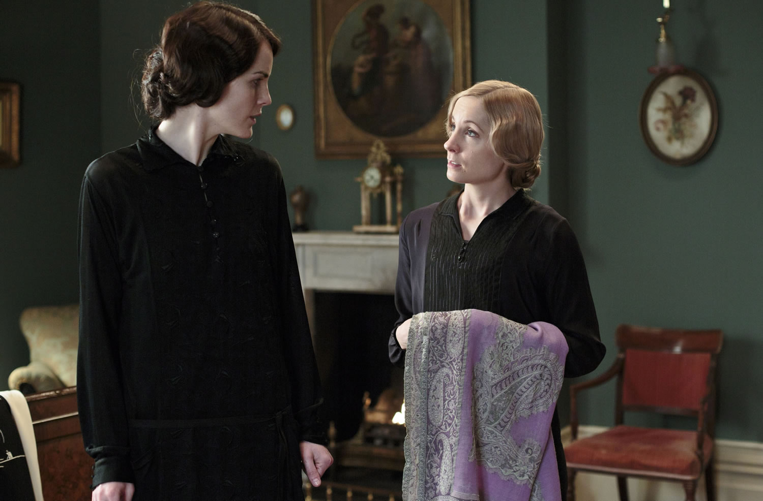 Michelle Dockery as Lady Mary, left, and Joanne Froggatt as Anna Bates, in a scene from season four of the Masterpiece TV series, &quot;Downton Abbey.&quot; (Nick Briggs/PBS/Masterpiece)