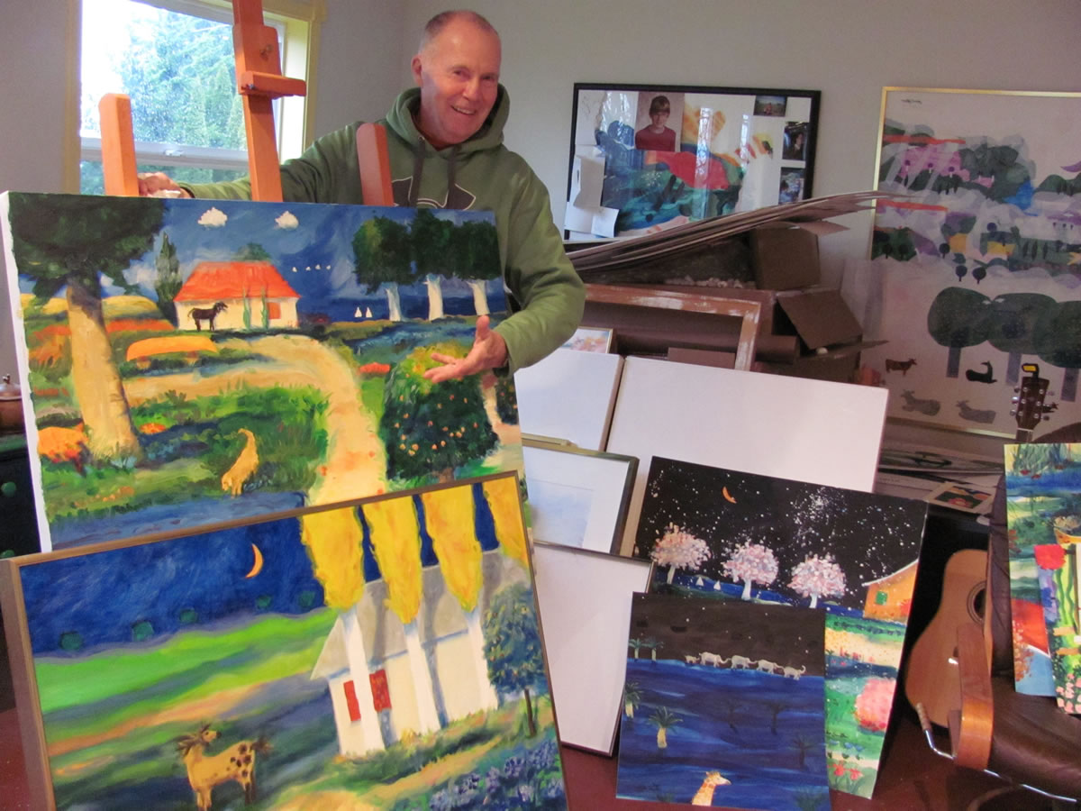 Mike Smith is represented by several galleries, including one in Hilton Head, S.C. Here, he poses with two pastels he is sending to the gallery. In the background are works in progress and a guitar from his Army days.   Horses feature prominently in his work.