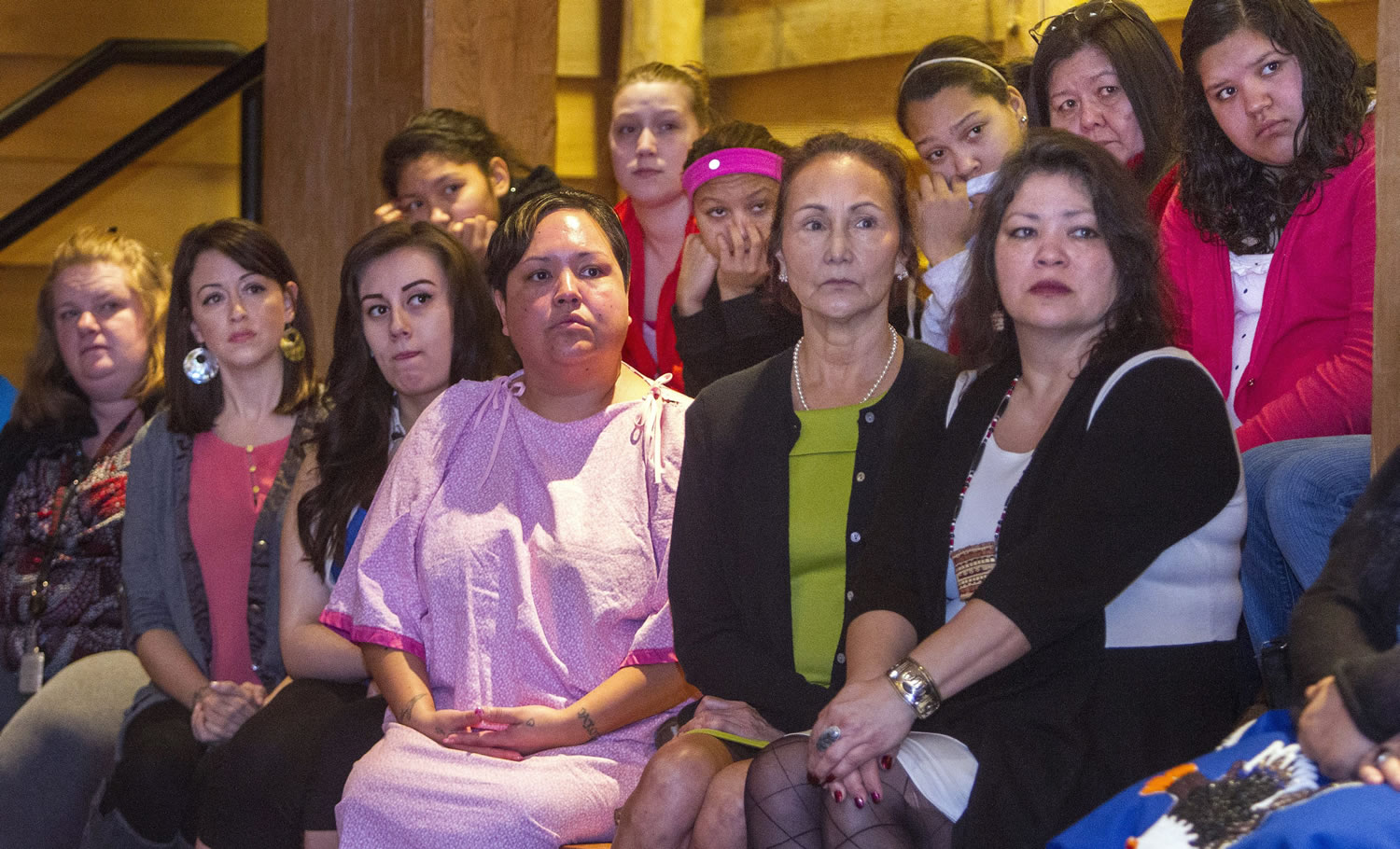 Native American Women attend a healing circle recently in the longhouse at the Hibulb Cultural Center on the Tulalip Reservation, where women gathered to discuss violence against women and to promote passage in Congress of the Violence Against Women Act.