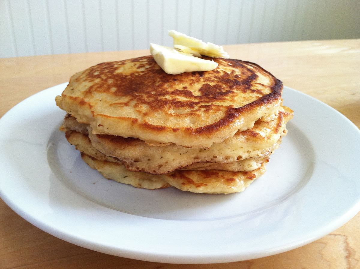 &quot;The New Comfort Food&quot; pancake recipe has a crazy amount of leavening, which quickly turns the batter into a delicious, doughy, sticky, air bubble-filled mass.