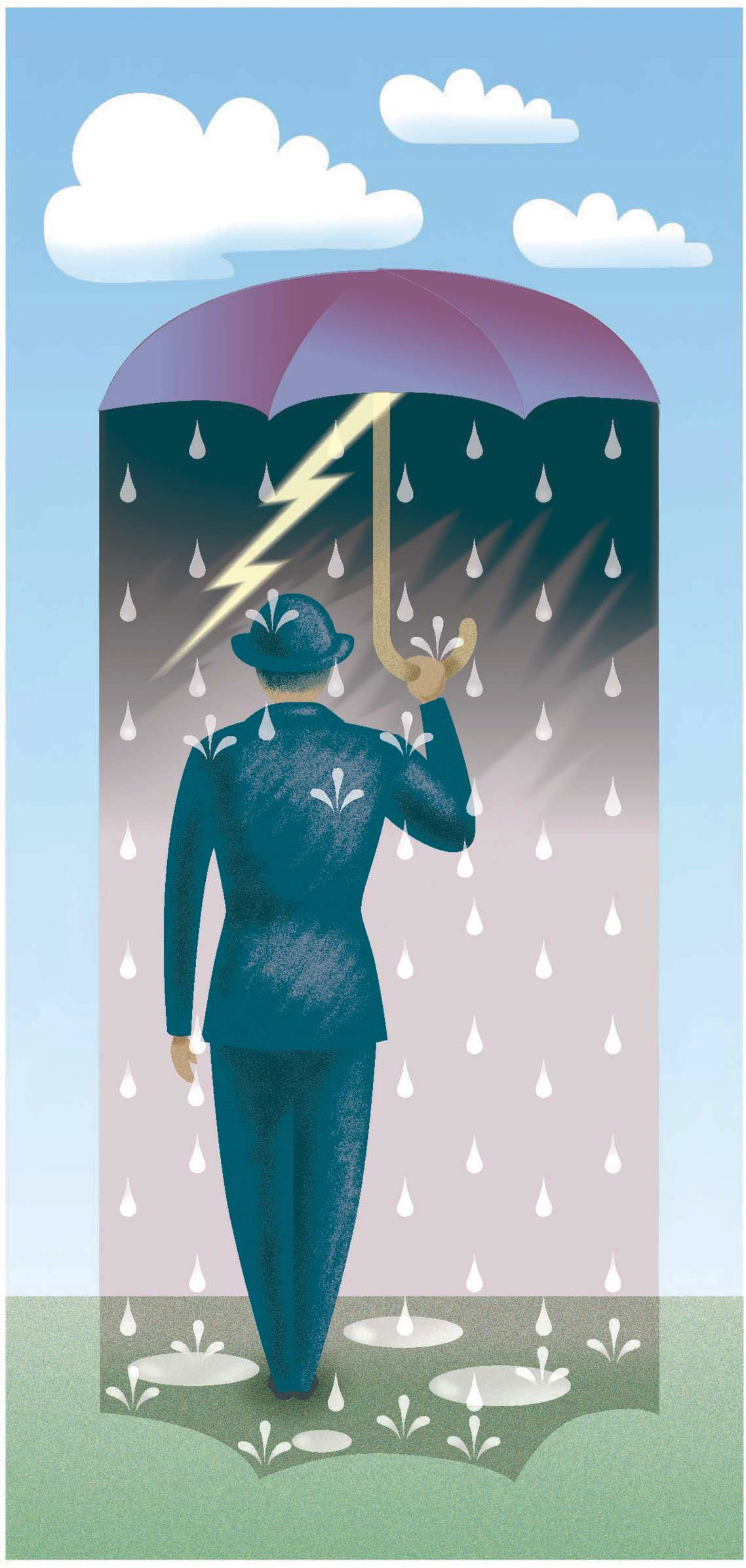 The Fresno Bee files
John Alvin color illustration of person holding umbrella of storms overhead on an otherwise sunny day; for the concept of pessimism or negative thinking.