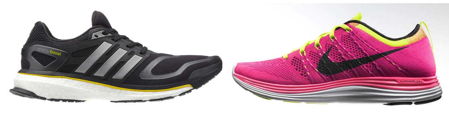 Adidas' Energy Boost, left, and Nike's Flyknit Lunar1+.