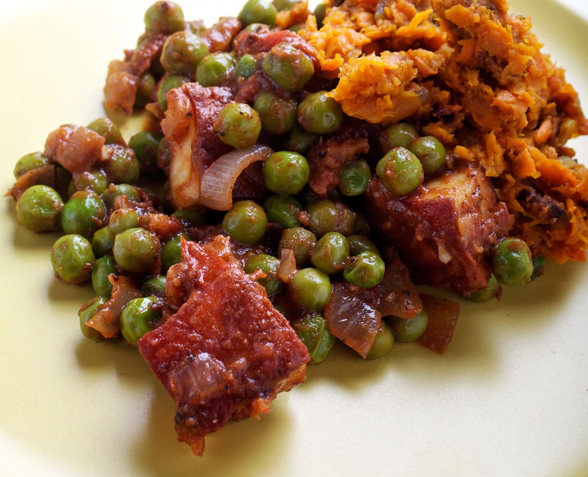 Paneer and Pea Curry With Sweet Potato Hash.