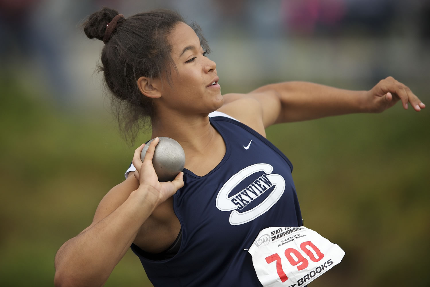 Skyview's Aubrey Ward-El competes in the girls 4A shot put at the WIAA StateTrack &amp; Field meet Friday at Mount Tahoma High School in Tacoma.