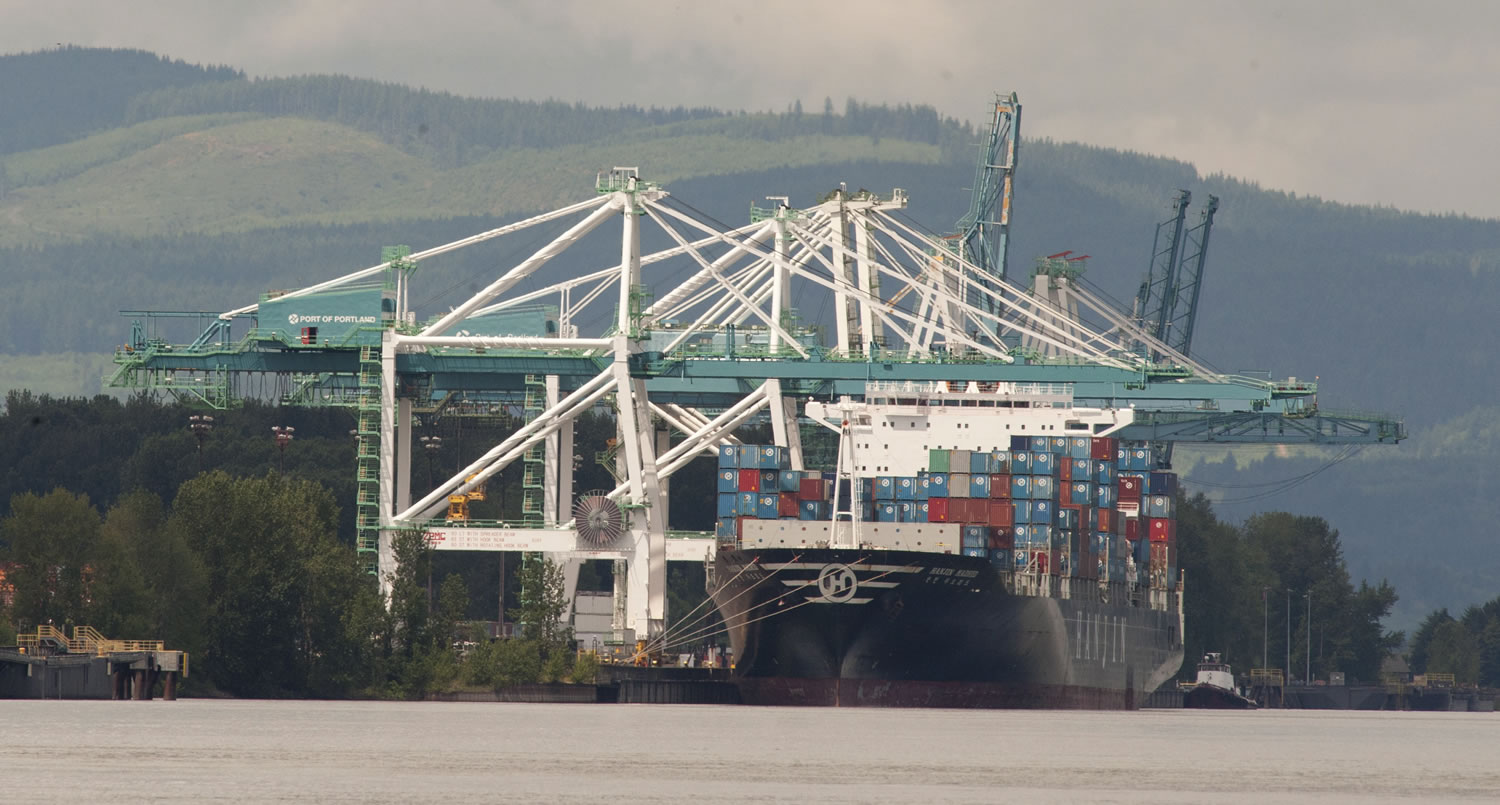 A Hanjin ship unloads at Terminal 6 in Portland.