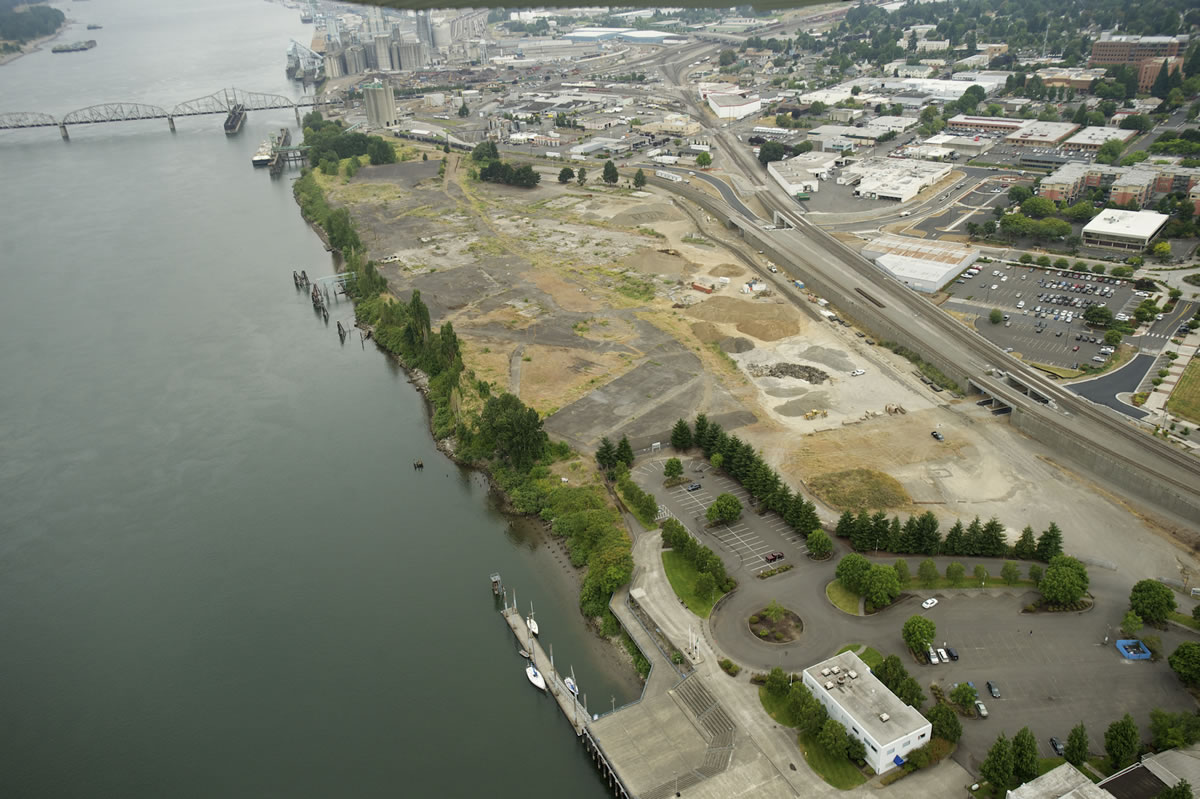 An aerial photo of downtown Vancouver shows the 32-acre former Boise Cascade industrial site, a stretch of riverfront property that city and business leaders are counting on to change Vancouver's downtown skyline with a $1.3 billion mix of high-rise living space, offices, shops, restaurants and open space.